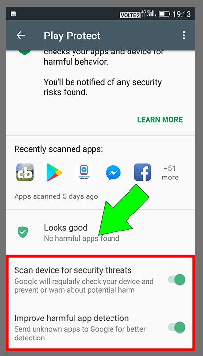 Google Security Settings Step-5 | Uncheck Scan device for security threads And Improve harmful app detection option